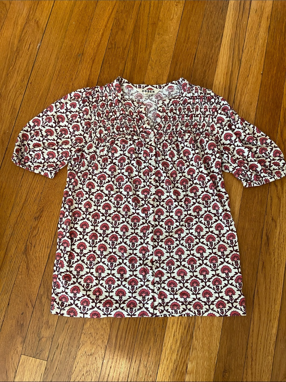 Boden White and Pink Floral Smocked Short-Sleeve Blouse
